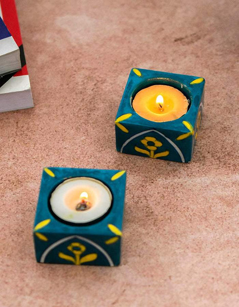 Blue Pottery Candle Holder Set Of 2pcs.